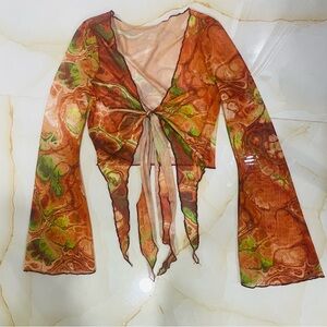 Bohemian Orange & Green Sheer Mesh Bell Sleeve Tie Front V Neck Crop Top Size S
